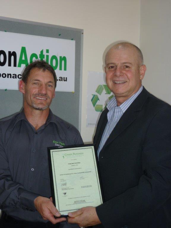 Greg Andriske with Steve Kostoff of Green Business Audit and training receiving my Certificates IV in Business & Home Sustainability Assessment.